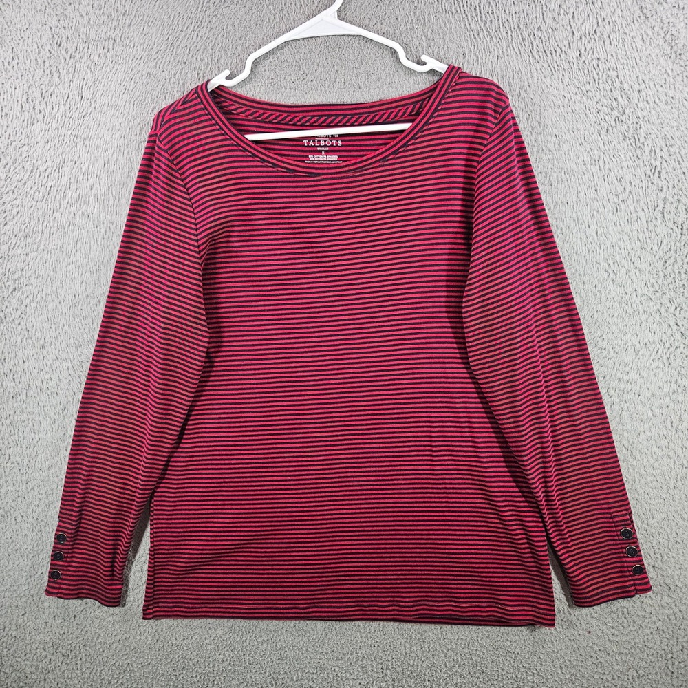 Talbots Tee Womens X Red Navy Blue Striped Long Sleeve Button Cuff Top Cotton 1X